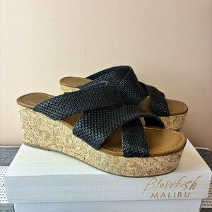 Blowfish Abi Women’s Cork Wedge Black Fabric Slip On Sandals Size 11M New In Box